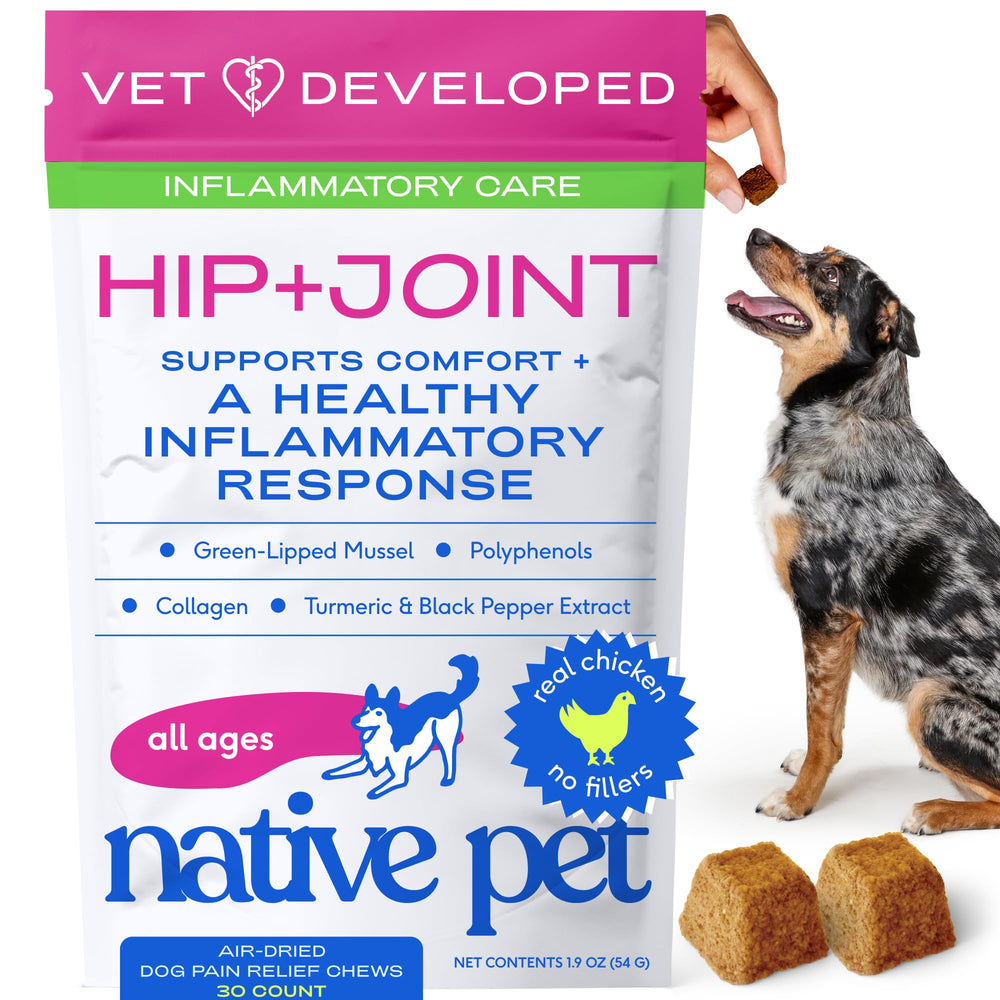 Native Pet alivio-articulaciones-masticables, sabor pollo, favorece movilidad.