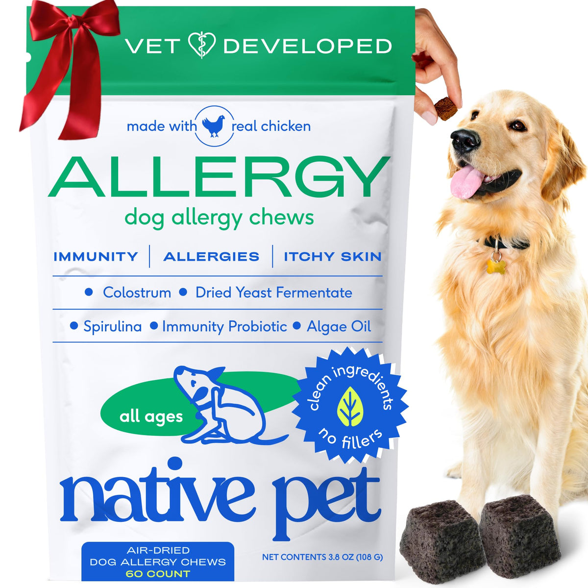 Native Pet Allergy Chews packaging highlights all-natural ingredients for seasonal relief.
