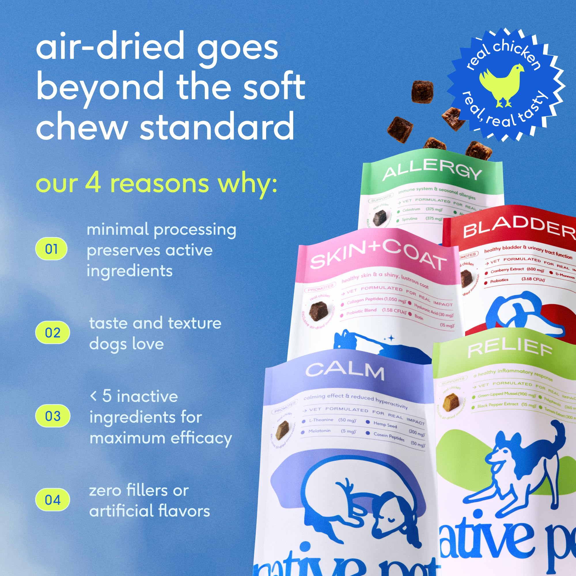 Seasonal allergy relief with paw licking and sneezing support using Native Pet Chews.