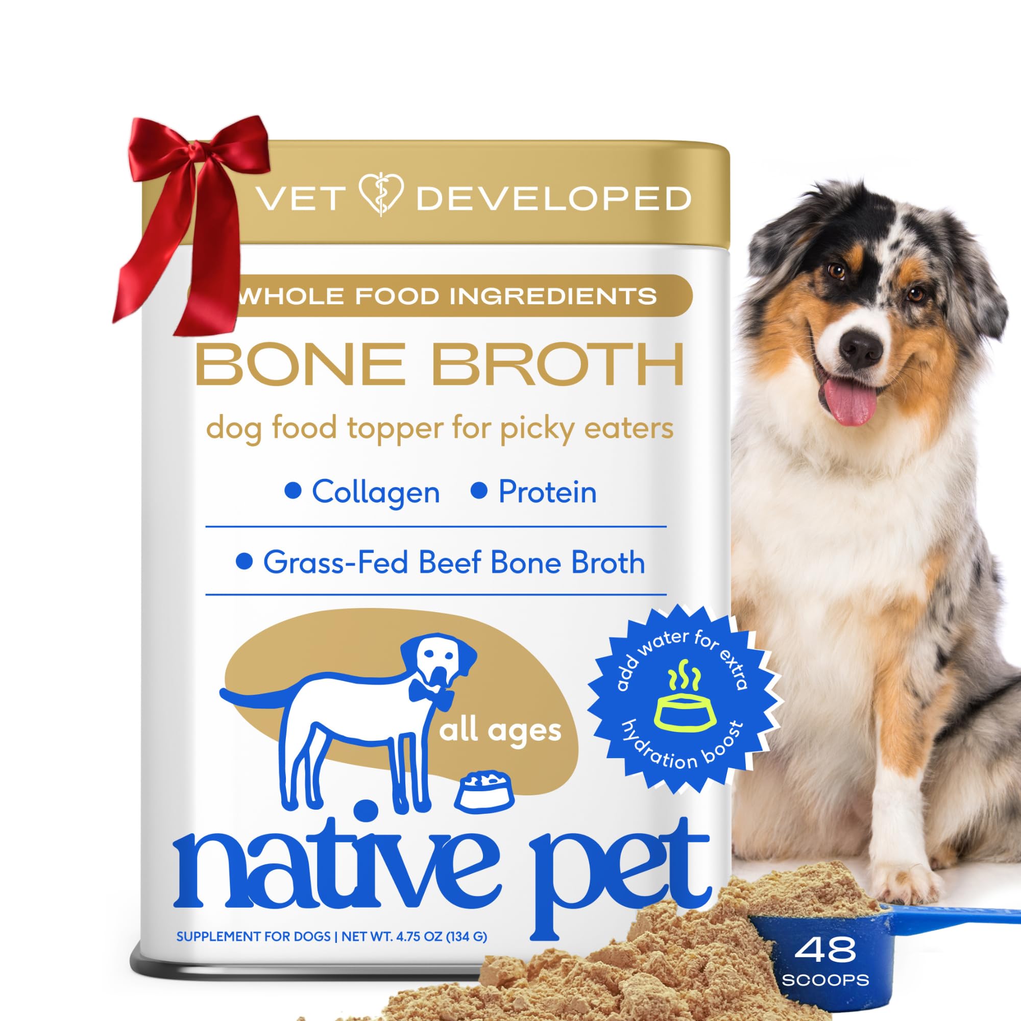 Native Pet bone broth powder with scoop enhances meal-time convenience