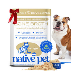 Native Pet bone broth powder packaging shows organic ingredients for pet hydration.
