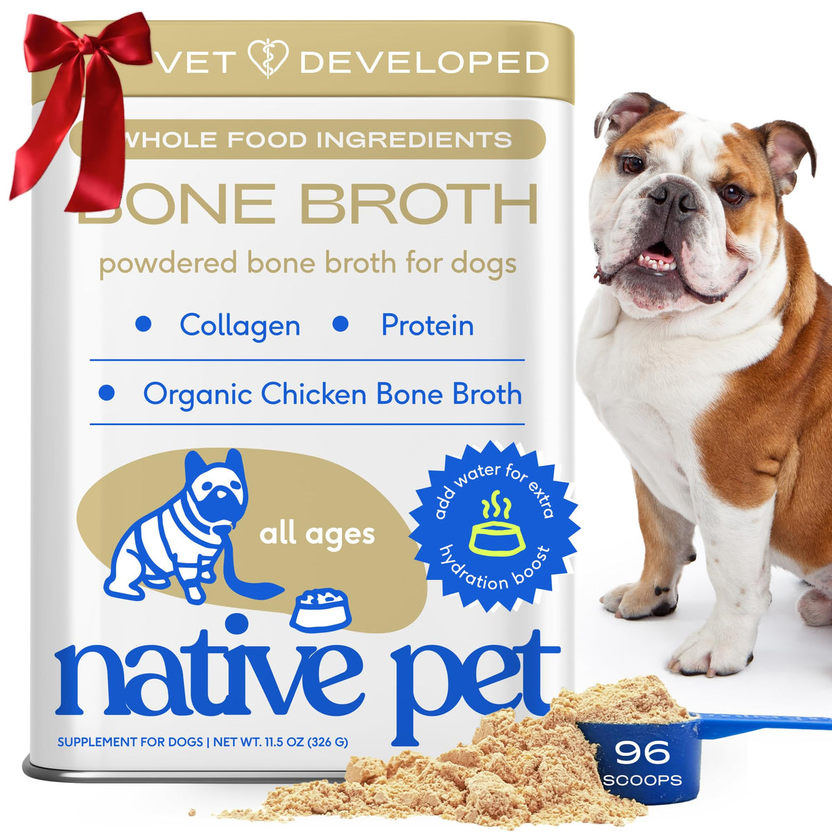 Native Pet bone broth powder packaging highlighting vet-formulated nutrition for joints and digestion