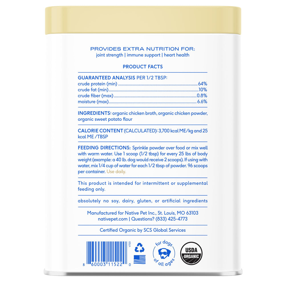 Native Pet bone broth powder dissolved in warm water forming a savory pet meal broth