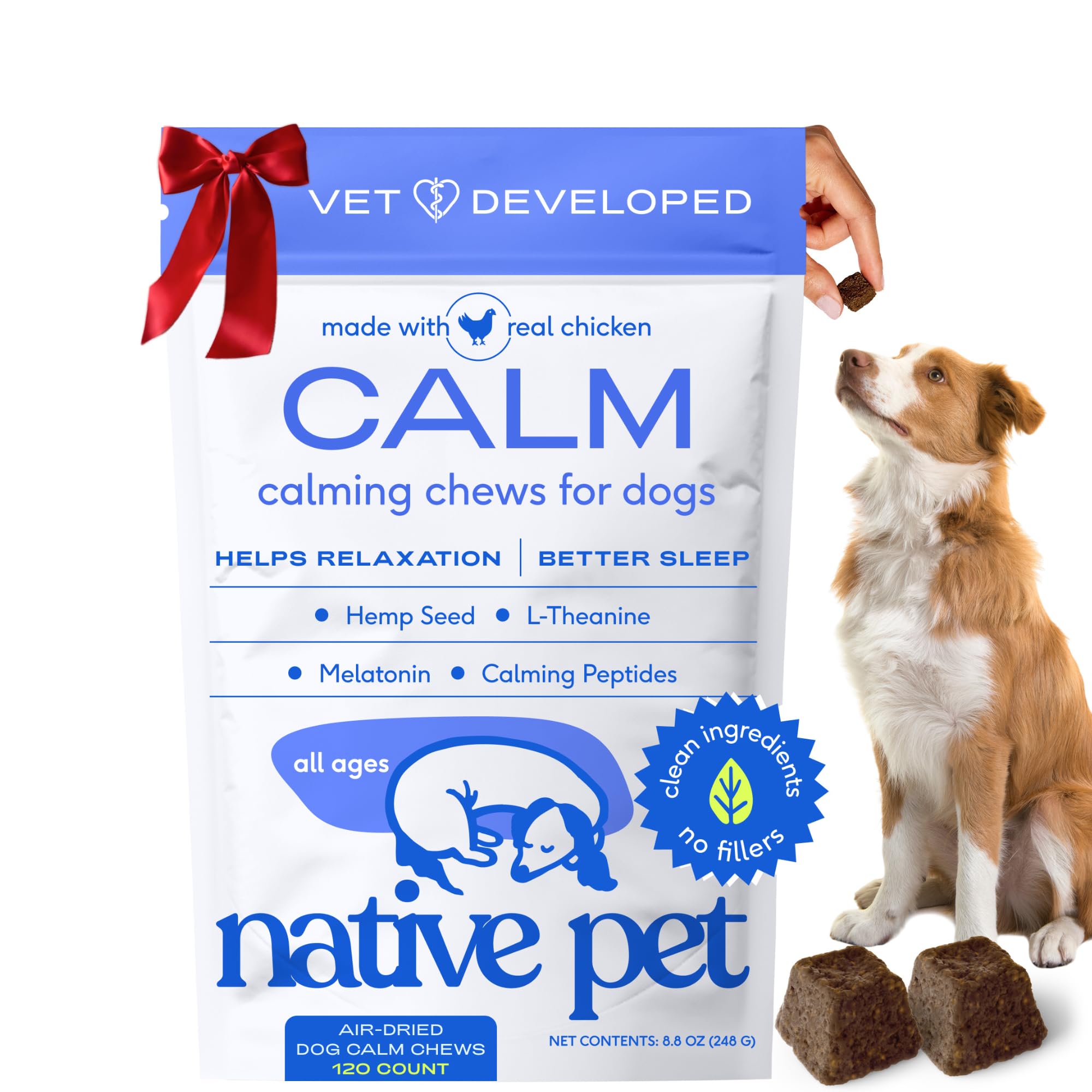 Native Pet calming chews on a sleepy dog bed promoting bedtime calm