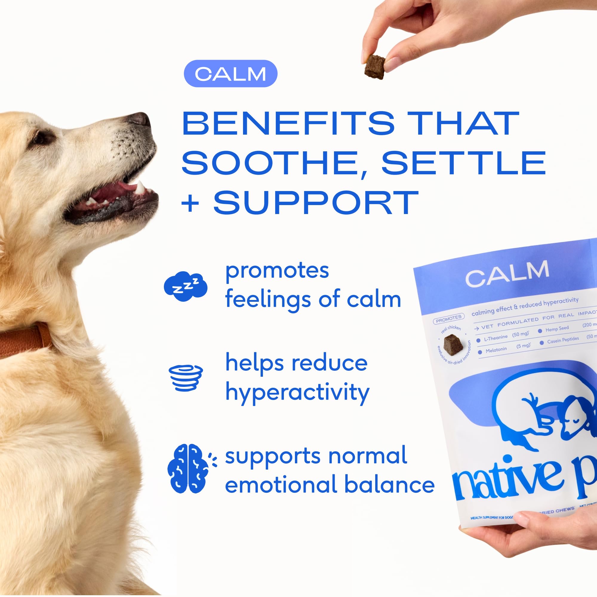 Native Pet Calming Chews sleep support image highlights melatonin for a mellow evening routine