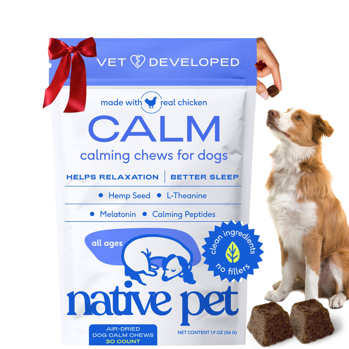 Native Pet Calming Chews front packaging highlights calming formula for dogs