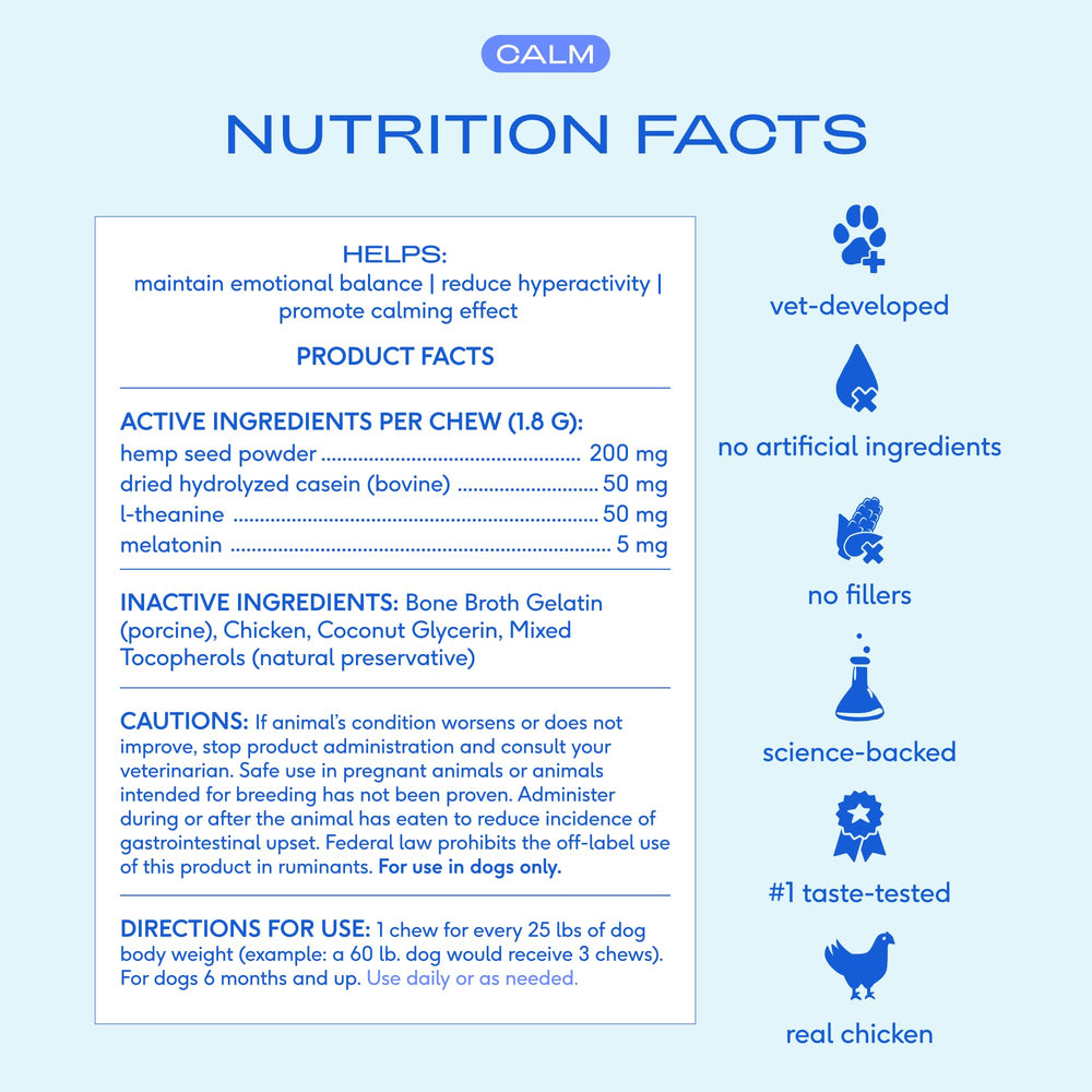 Native Pet Calming Chews grain-free ingredients image highlights clean labels for sensitive dogs