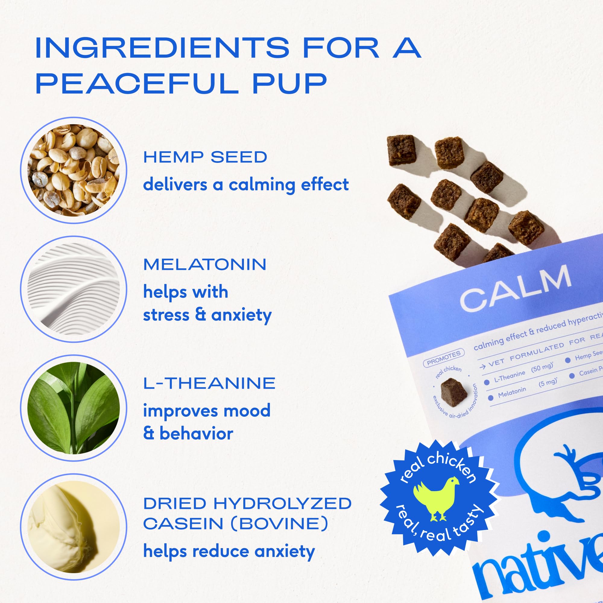 Native Pet Calming Chews real-chicken treats appeal to dogs during stressful moments with tasty calm