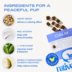 Native Pet Calming Chews travel-stress visual shows a calm pup during road trips