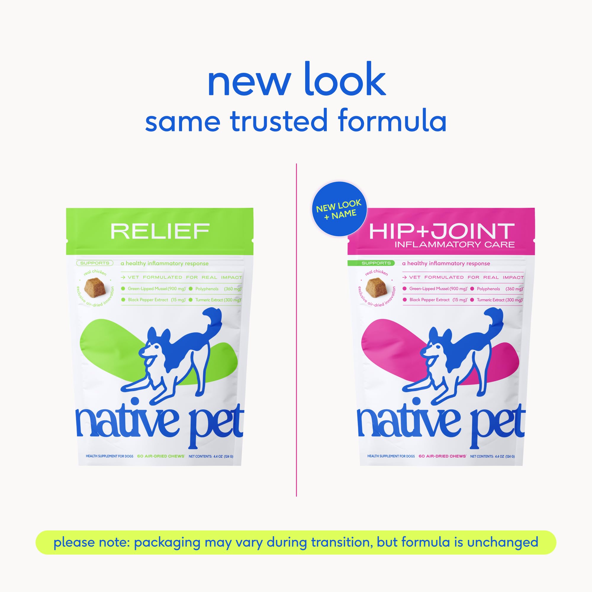 Native Pet collagen dog joint support bottle shows clear, chewable relief for aging joints.
