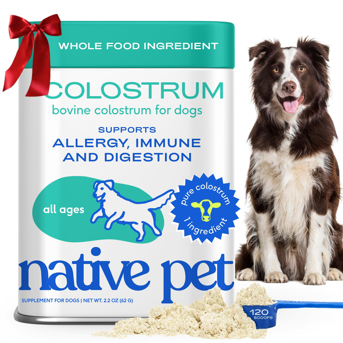 Native Pet Colostrum for Dogs bottle closeup highlighting immune-supporting bovine powder.