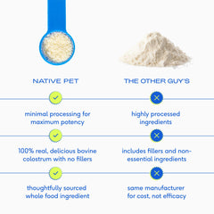 Native Pet Colostrum for Dogs packaging photo shows USA-made quality and safety.