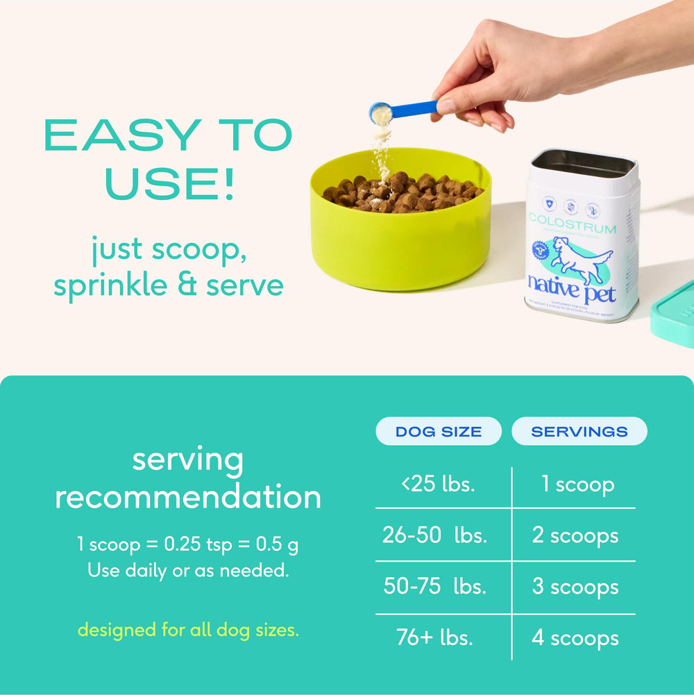 Native Pet Colostrum for Dogs bottle with scoop highlights prebiotic benefits.