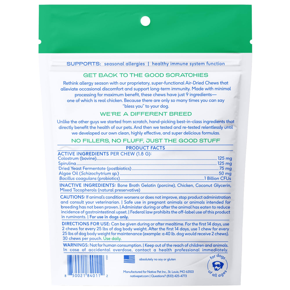 Native Pet Dog Allergy Chews being offered as a tasty dog treat for itch relief.