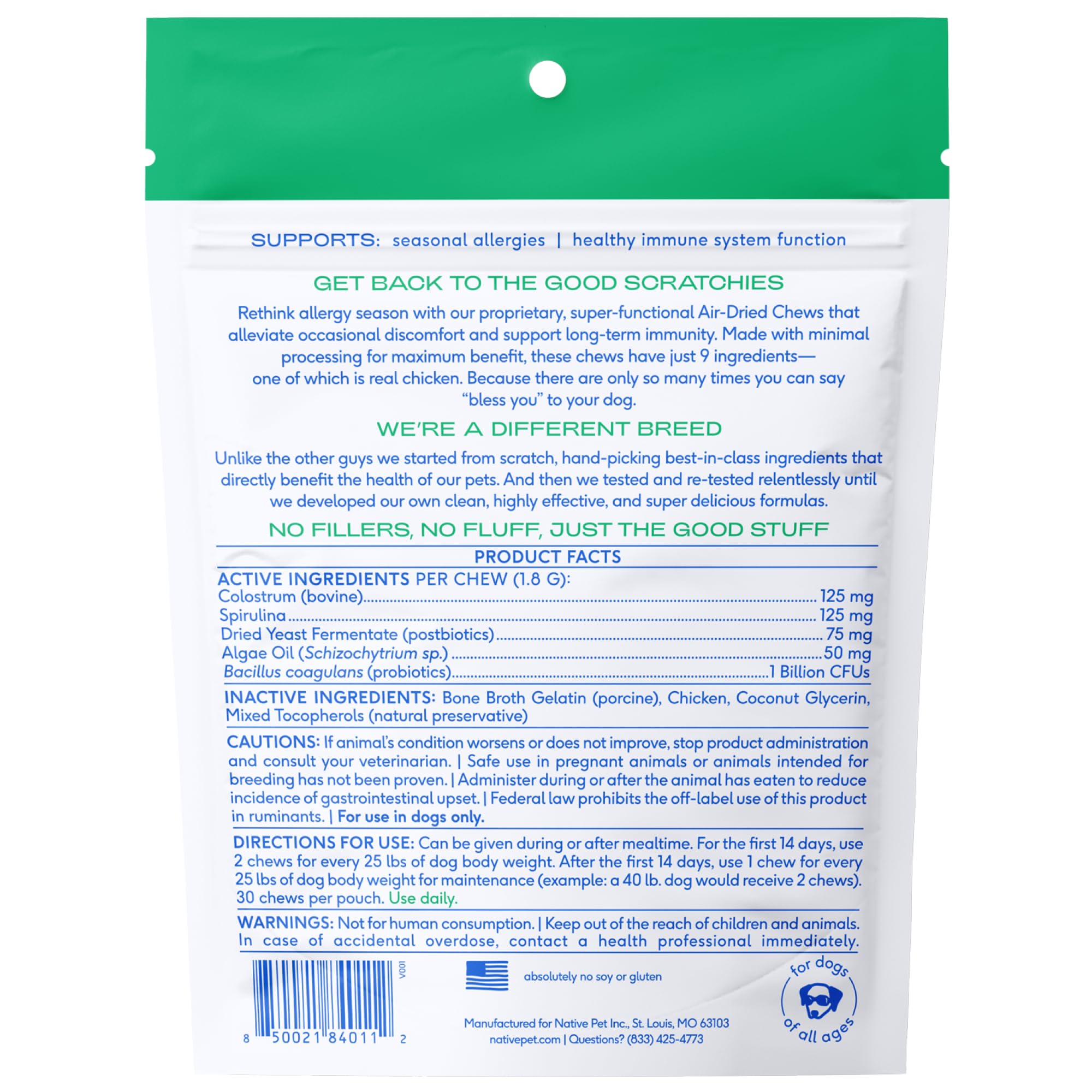 Native Pet Dog Allergy Chews probiotic gut support complements skin comfort