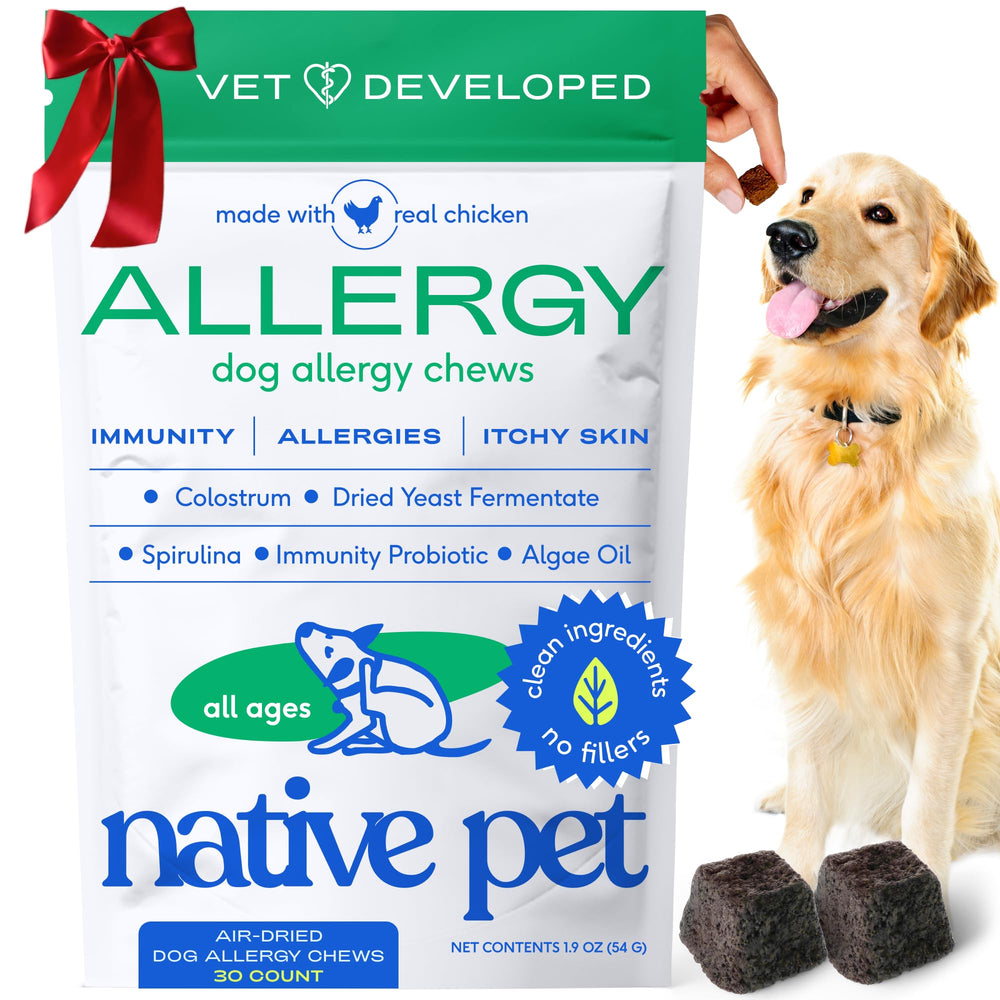 Native Pet Dog Allergy Chews packaging showcases natural ingredients for seasonal relief