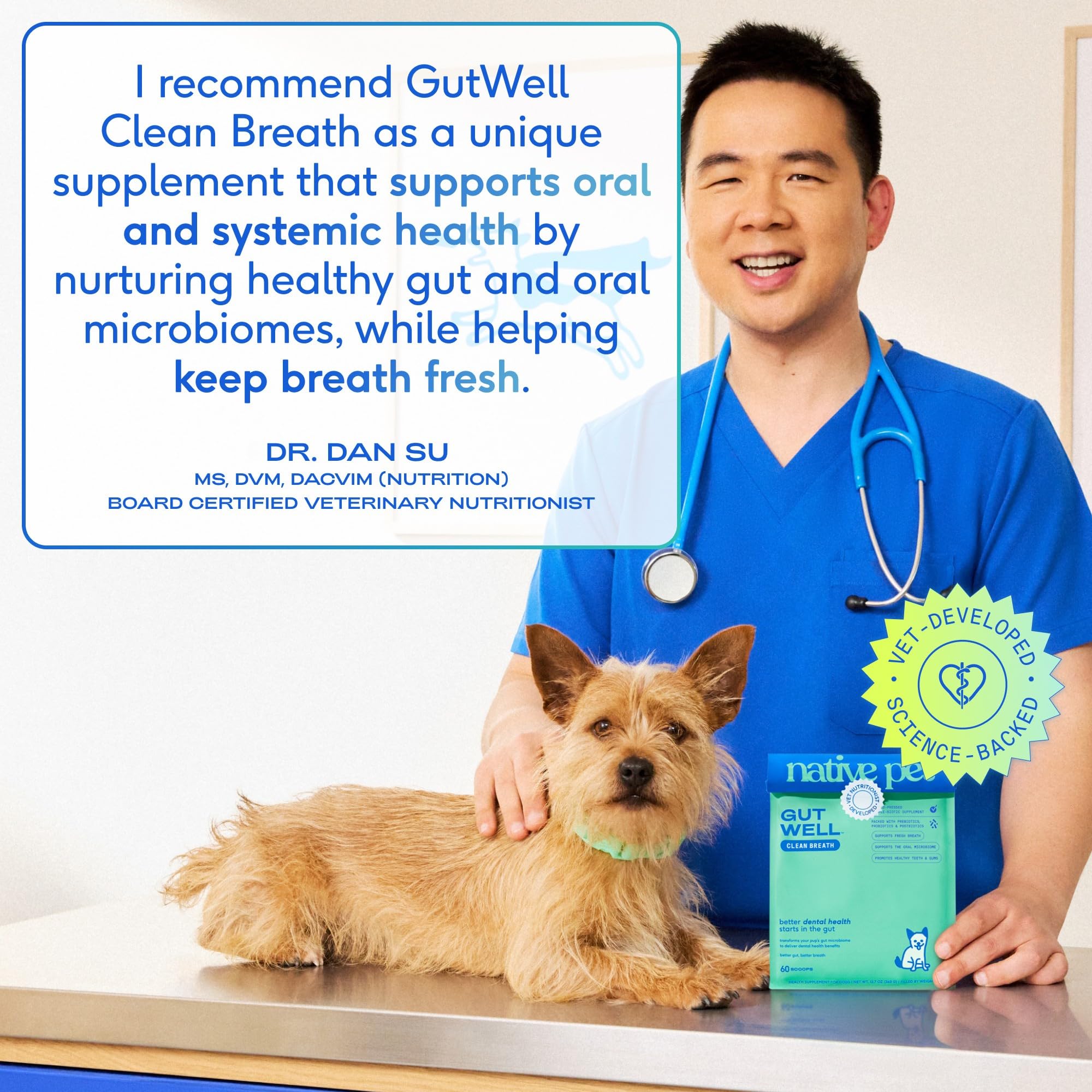 Native Pet GutWell scoop pouring powder beside a dog bowl for easy administration