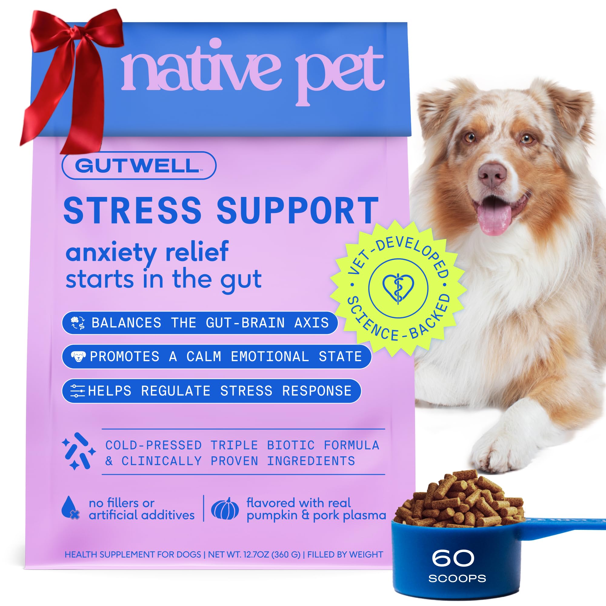 Native Pet GutWell Stress Support bottle with calming ingredients for dogs.
