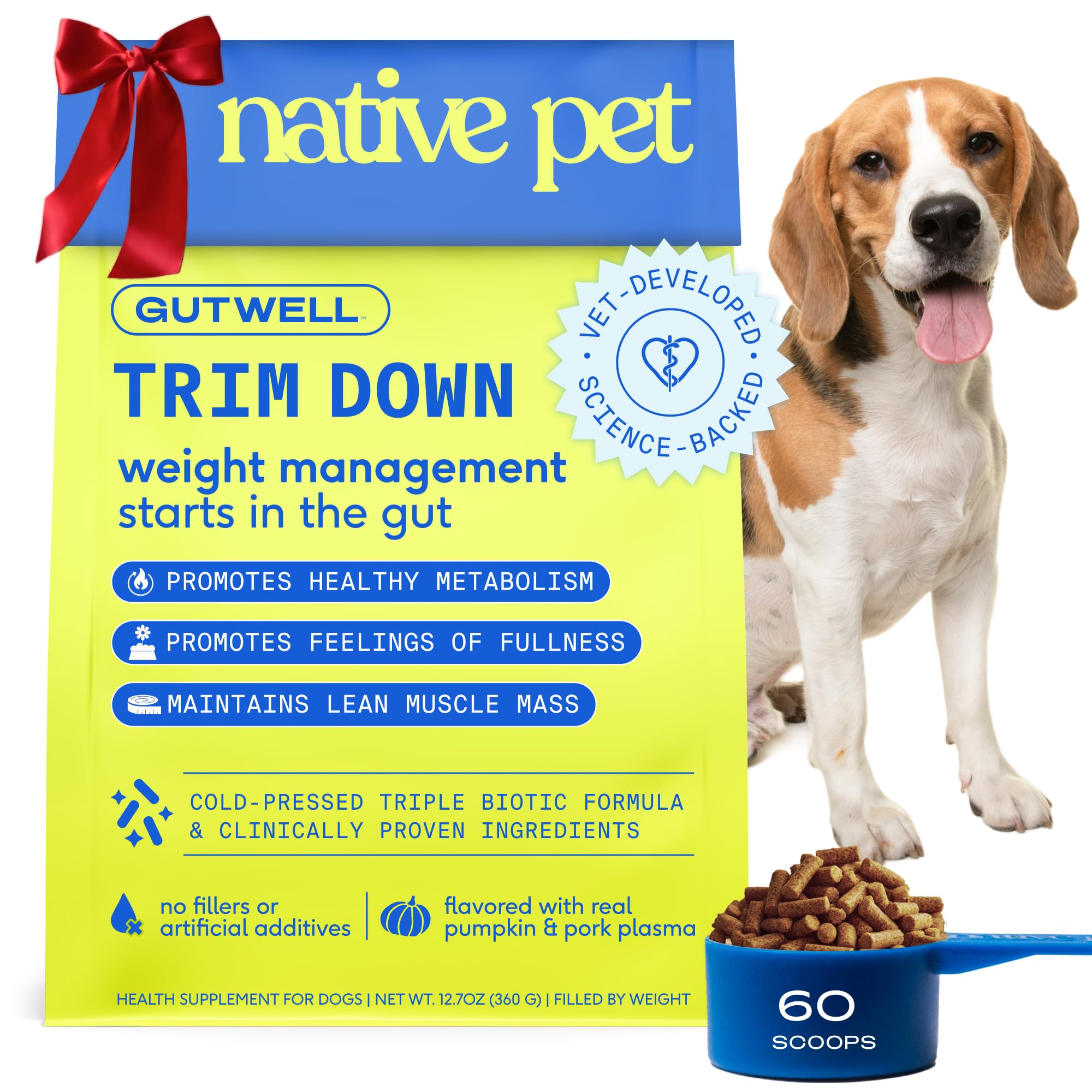 Native Pet GutWell Trim Down tub showing weight management supplement that supports fullness and metabolism.