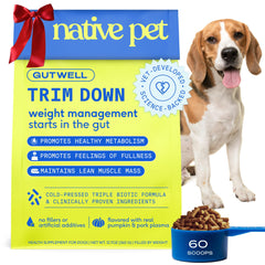 Native Pet GutWell Trim Down tub showing weight management supplement that supports fullness and metabolism.