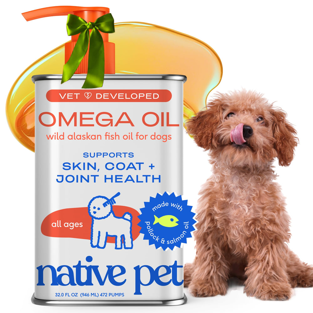 Native Pet Omega-3 bottle pour shows rich oil for skin support and coat health.