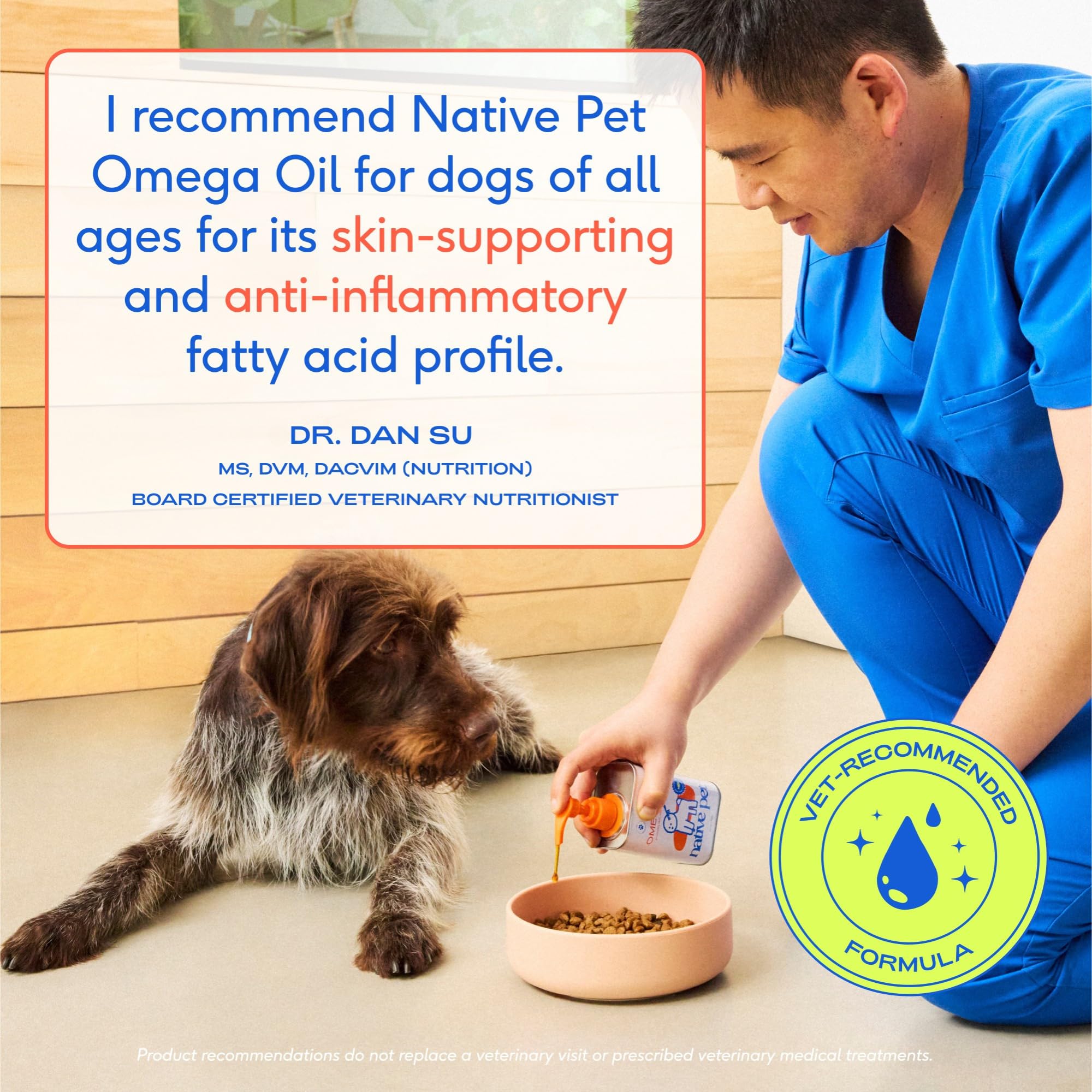 Native Pet Omega-3 coat-shine shot signals healthy fur and reduced shedding potential.