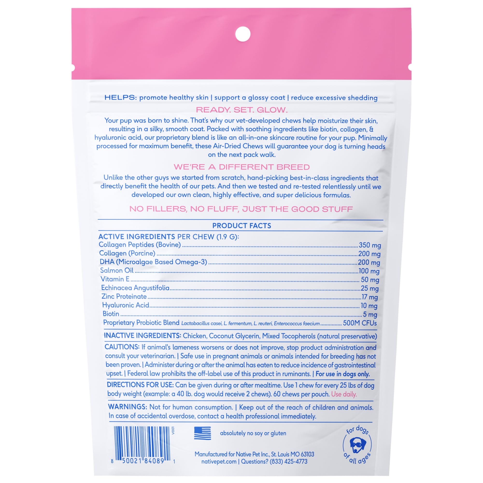 Packaging image of Native Pet Omega Skin and Coat Chews for all breeds and sizes.