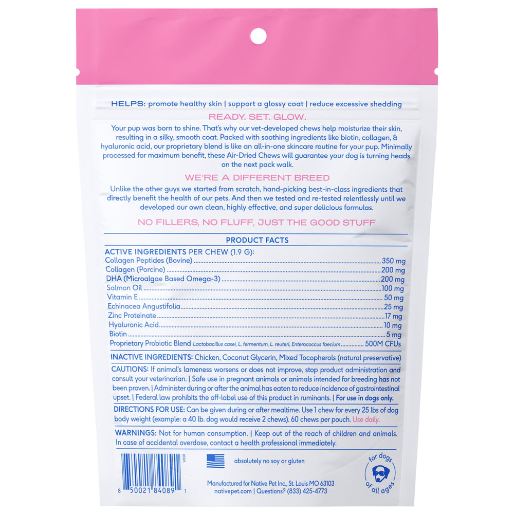 Packaging image of Native Pet Omega Skin and Coat Chews for all breeds and sizes.