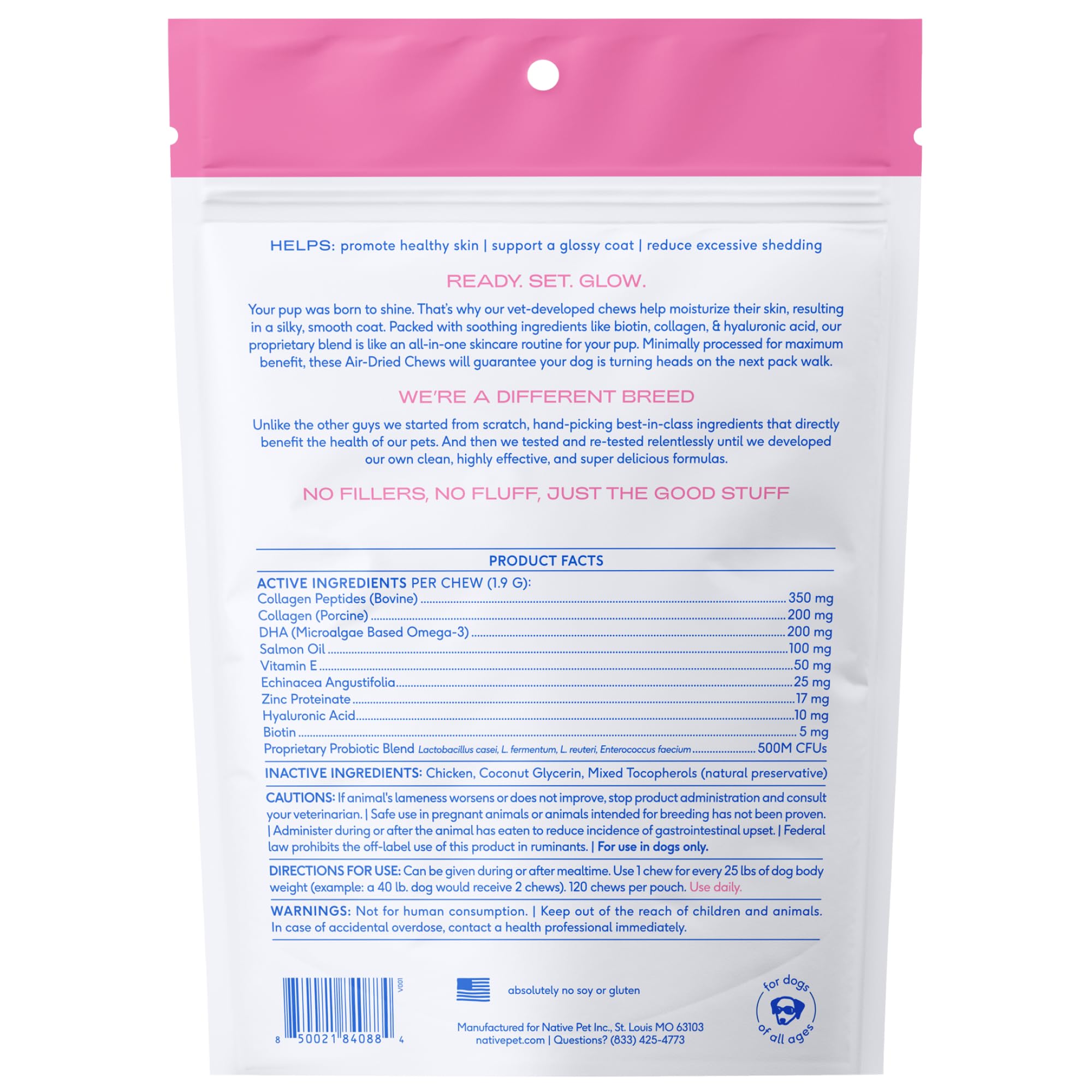 Native Pet chews packaging open emphasizes convenient, air-dried formula