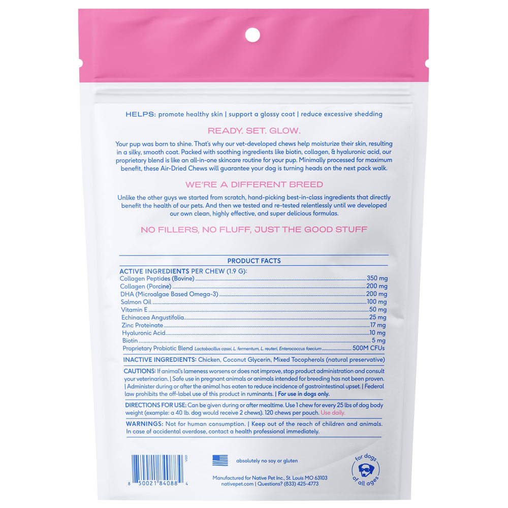 Native Pet chews packaging open emphasizes convenient, air-dried formula