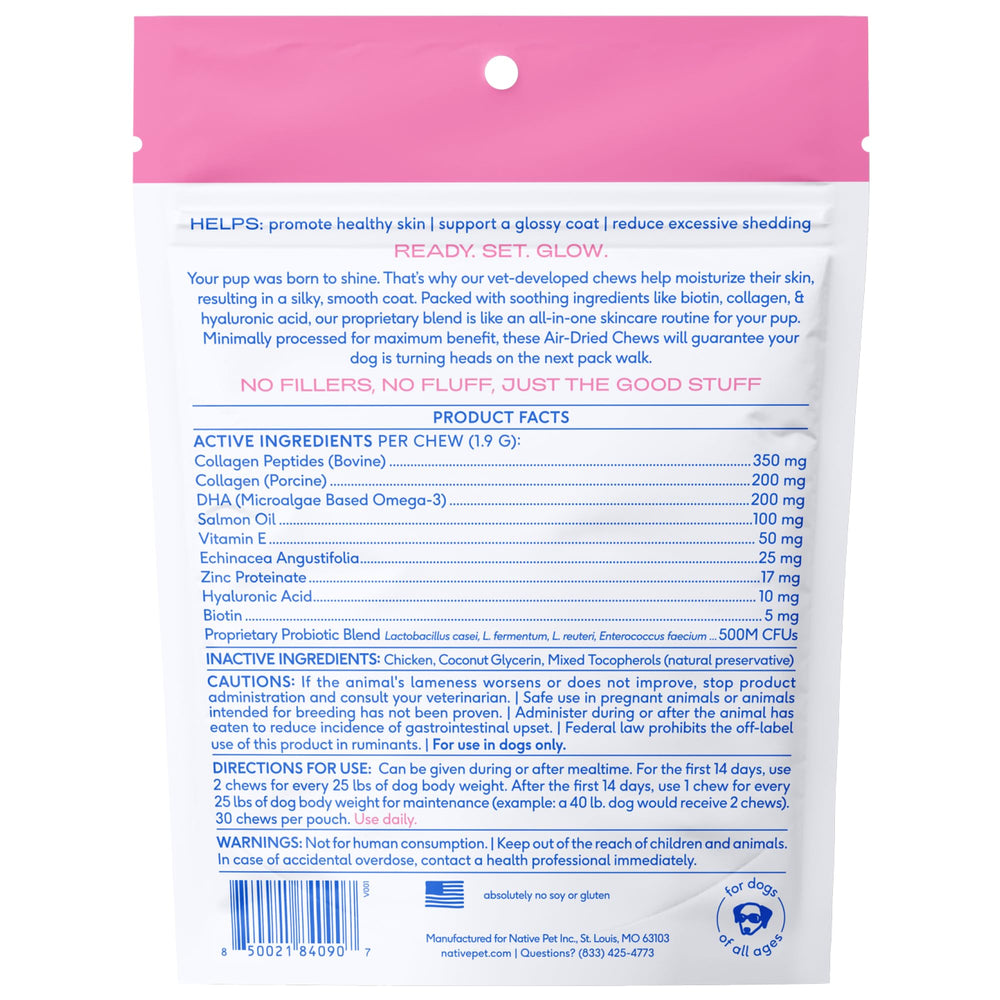 Native Pet Omega Skin and Coat Chews taste shot signals real chicken flavor that dogs love.