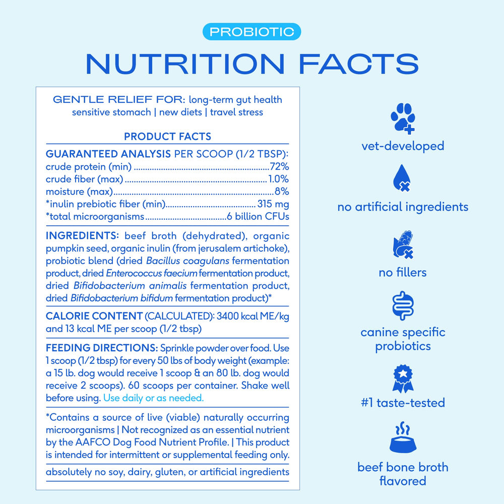 Native Pet Probiotics for Dogs beef bone broth flavor aids picky eaters.