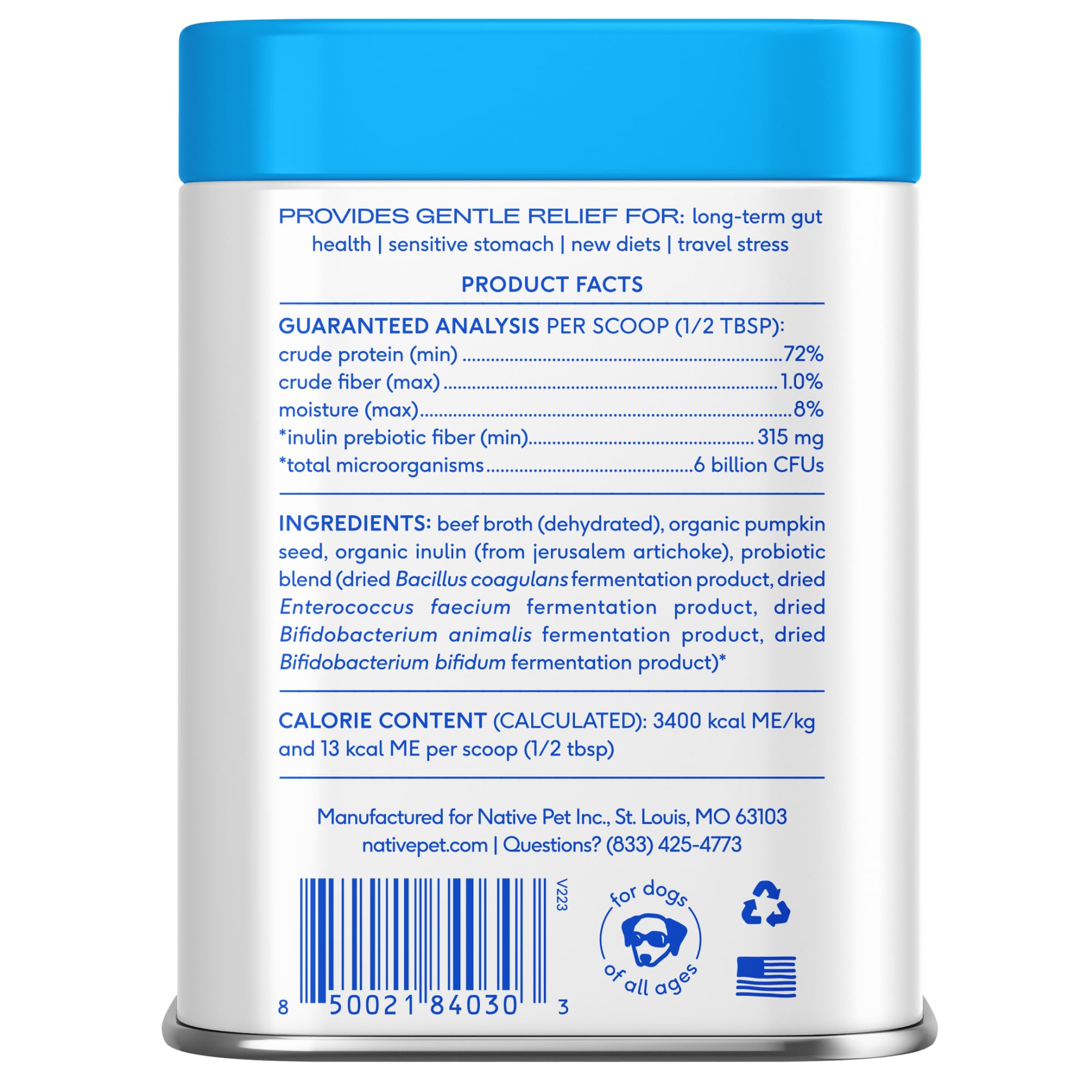 Native Pet Probiotics for Dogs easy sprinkle over food for quick daily routine