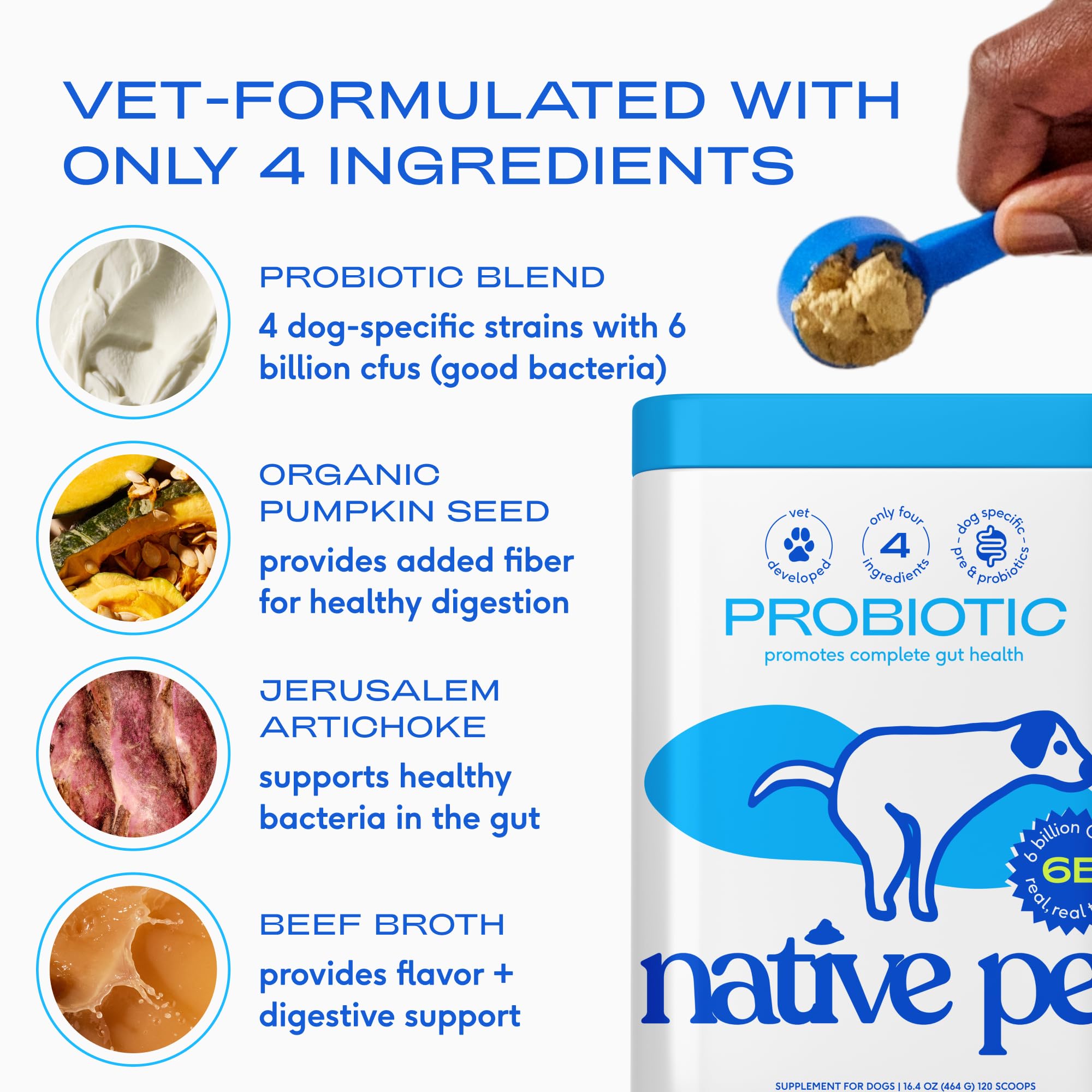 Native Pet Probiotics for Dogs ingredients list highlights four natural ingredients supporting balanced gut health.