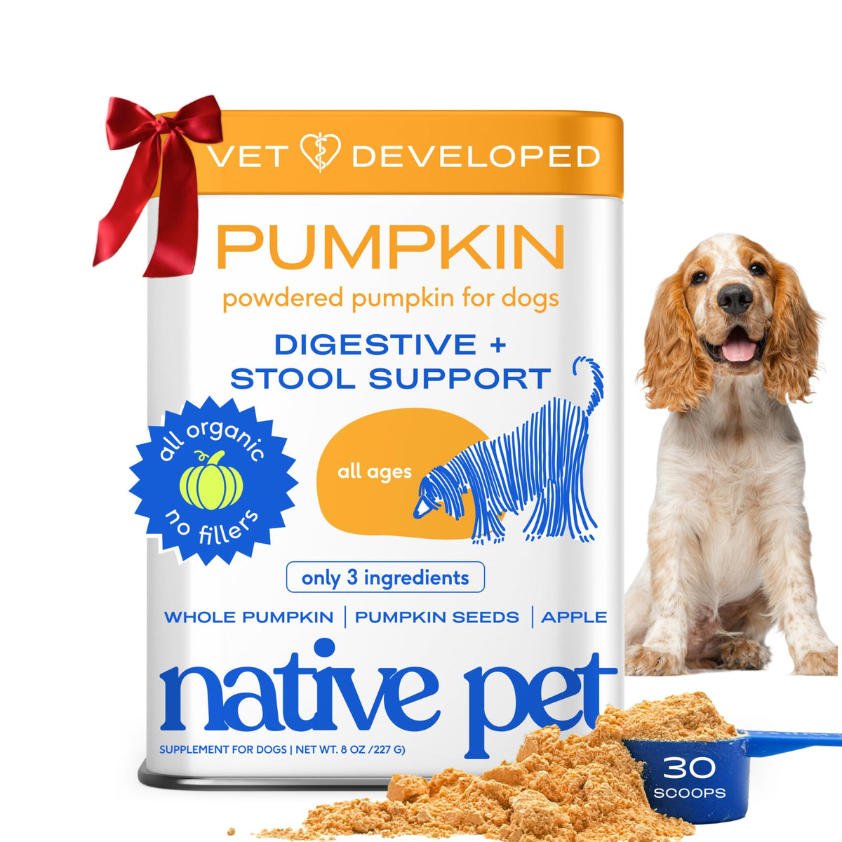 Native Pet pumpkin powder closeup showing organic ingredients and fiber-rich blend.