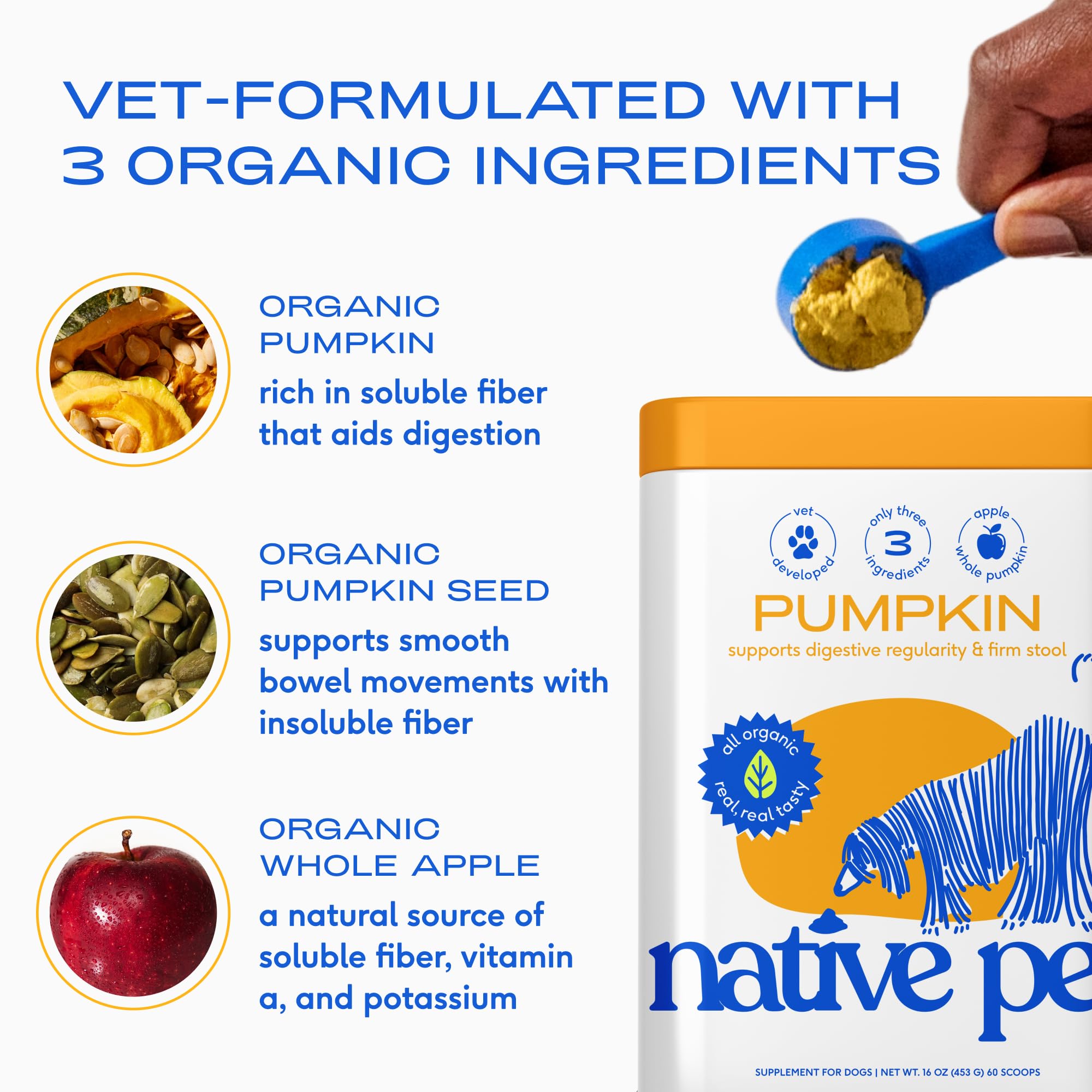 Native Pet pumpkin bag with scoop for convenient daily digestion support.
