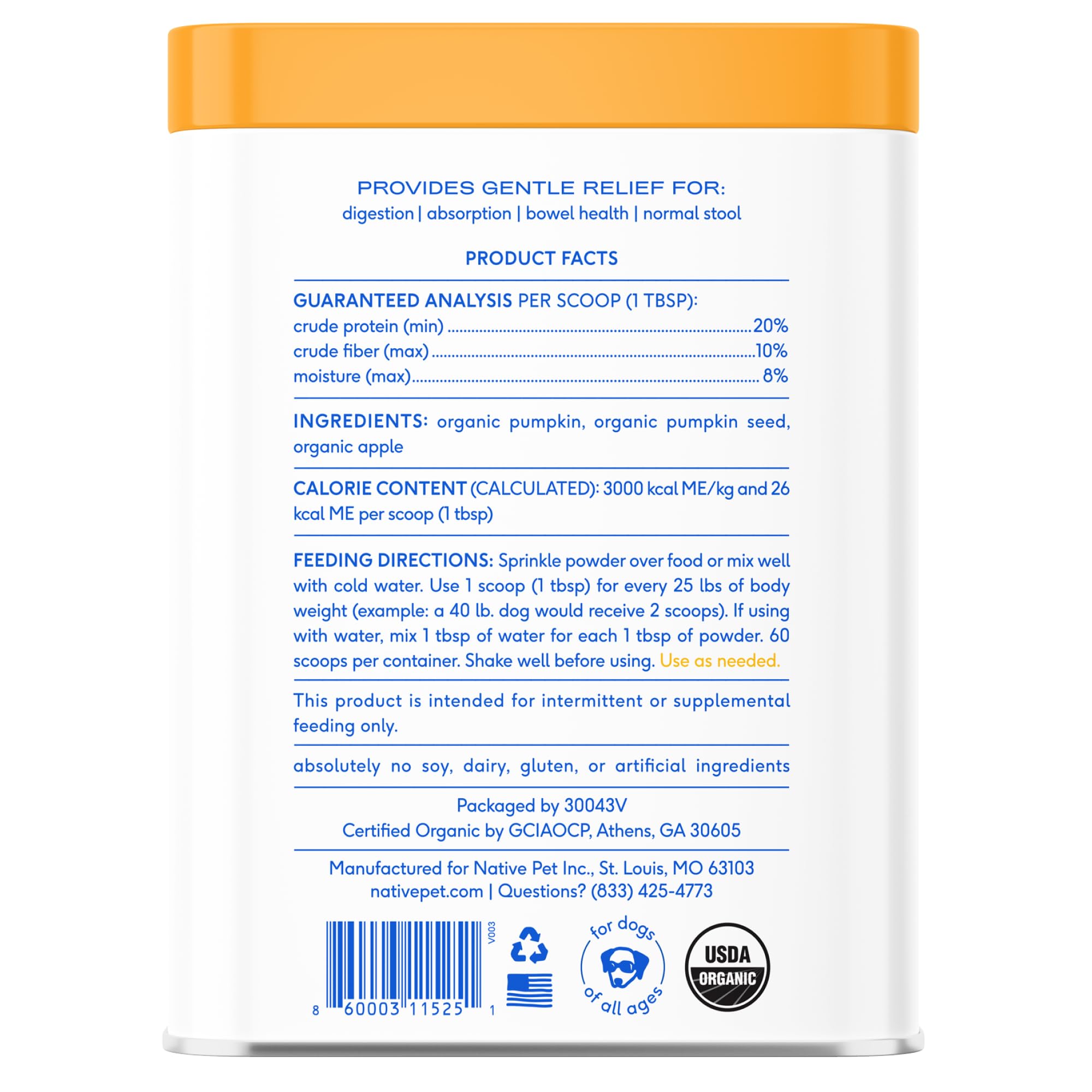 Native Pet pumpkin powder packaging on shelf highlights convenience and long shelf life