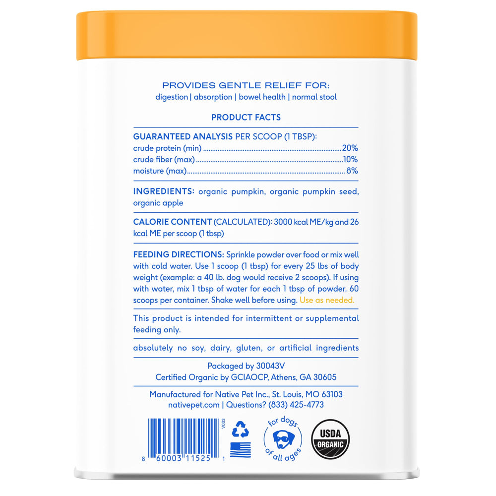 Native Pet pumpkin powder packaging on shelf highlights convenience and long shelf life