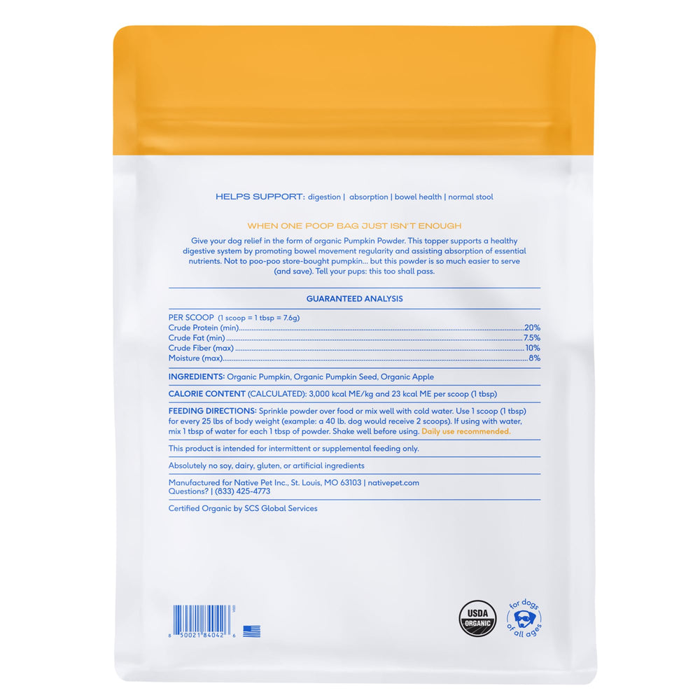 Native Pet Pumpkin powder shelf life long for easy storage.
