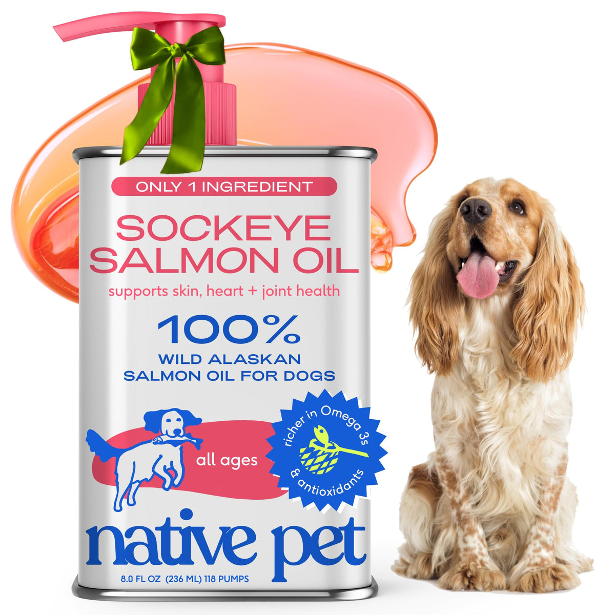 Native Pet Salmon Oil 8oz bottle for easy daily dosing on meals.