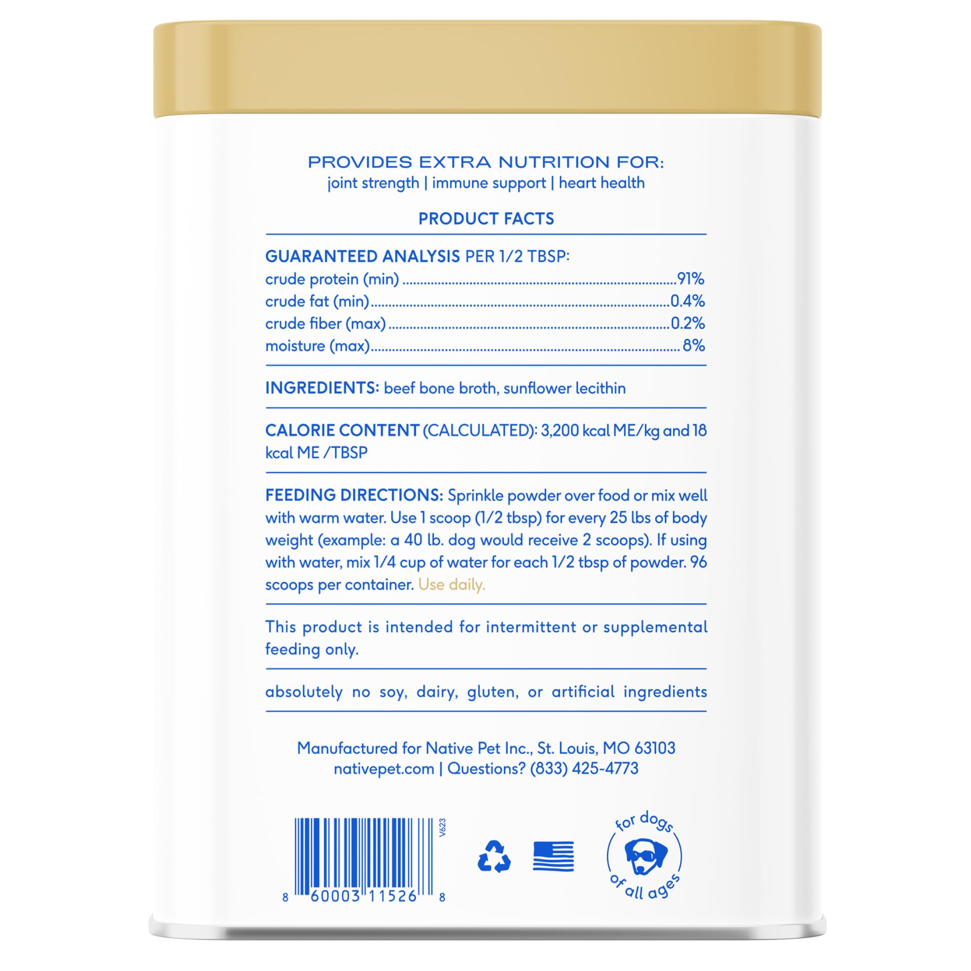 Native Pet shelf-stable powder provides long-lasting nutrition between meals.