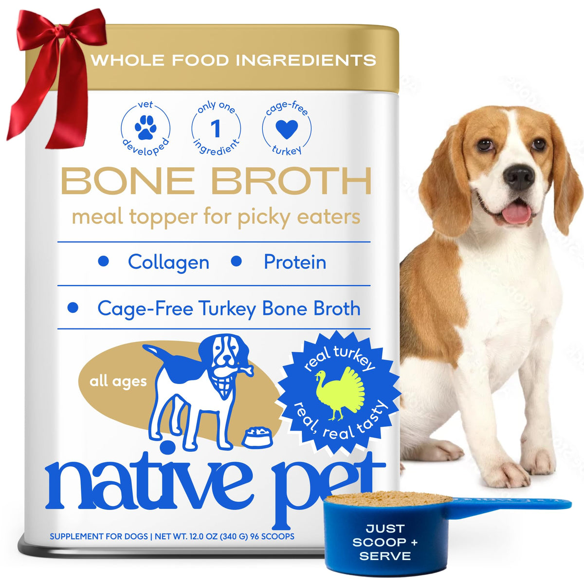 Native Pet turkey bone broth powder bottle showing joint nutrition.