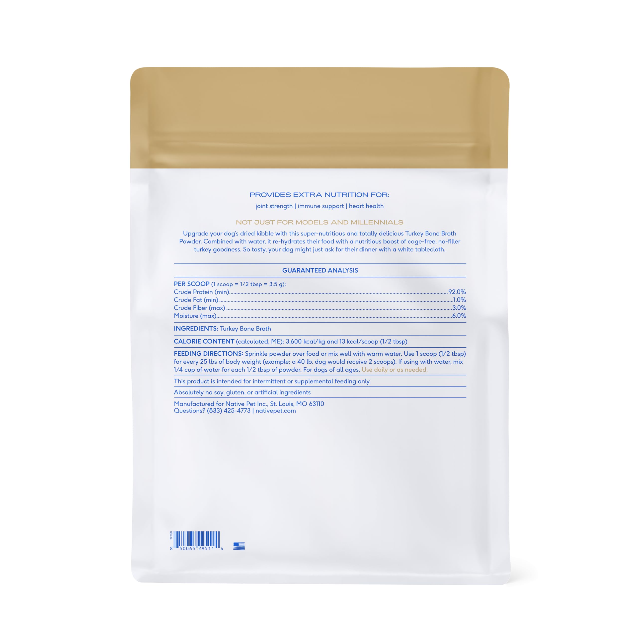 Native Pet Turkey Bone Broth Powder digestible formula eases sensitive stomachs.