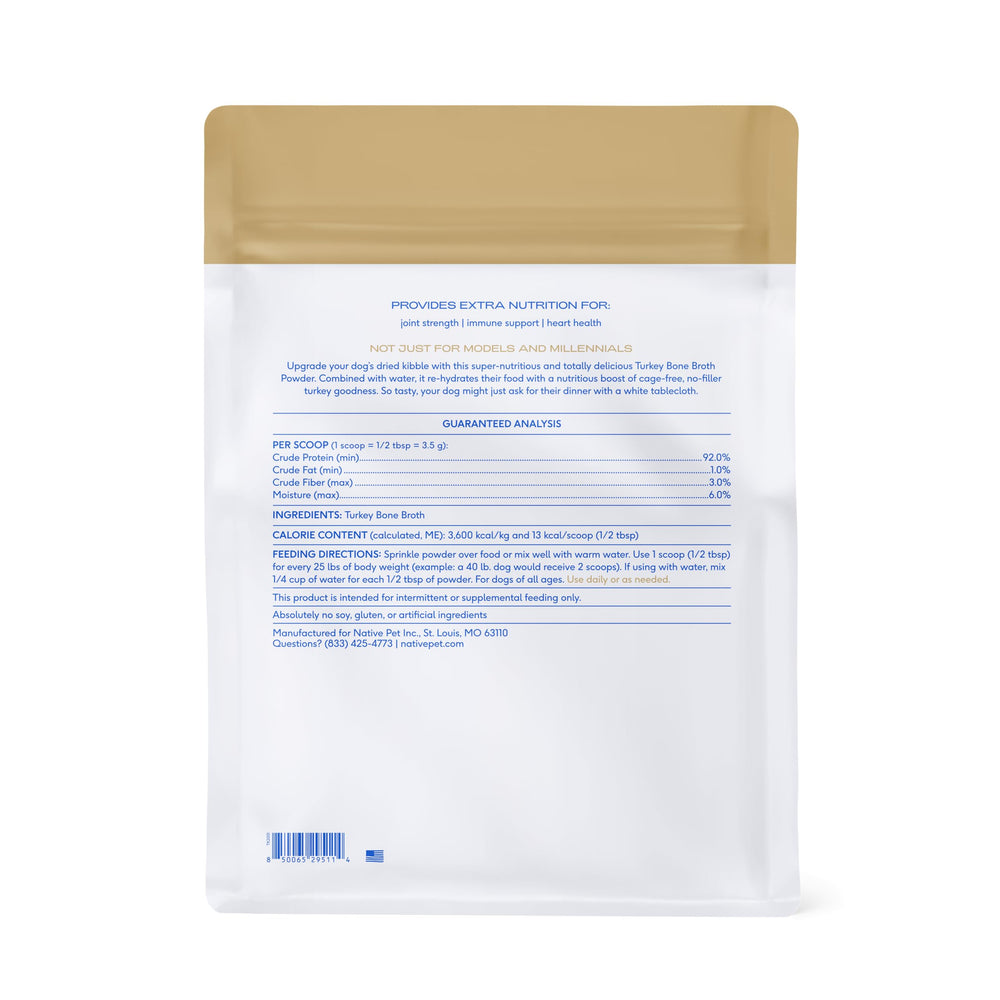 Native Pet Turkey Bone Broth Powder digestible formula eases sensitive stomachs.