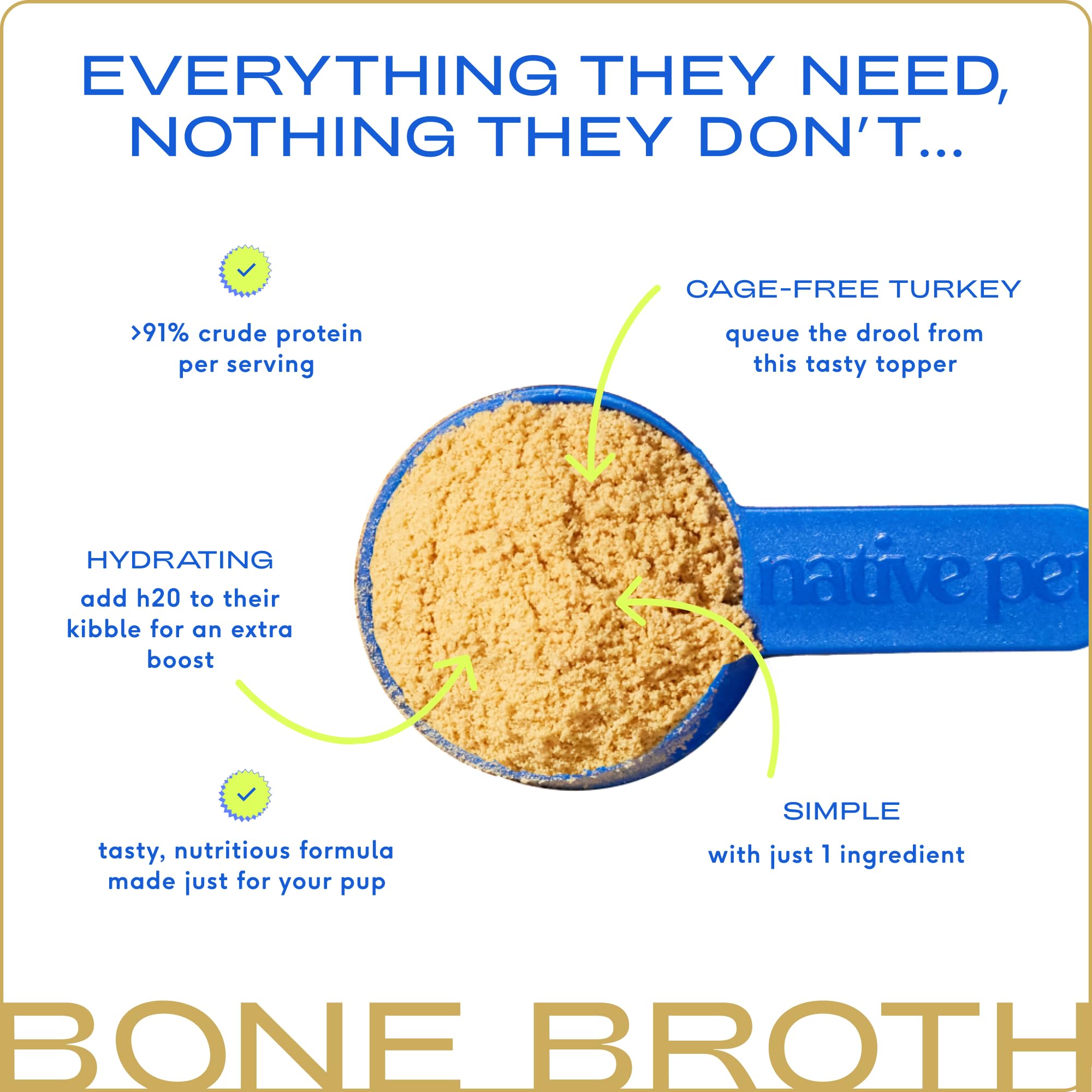 Native Pet Turkey Bone Broth Powder dog topper shows flavorful meal boost.