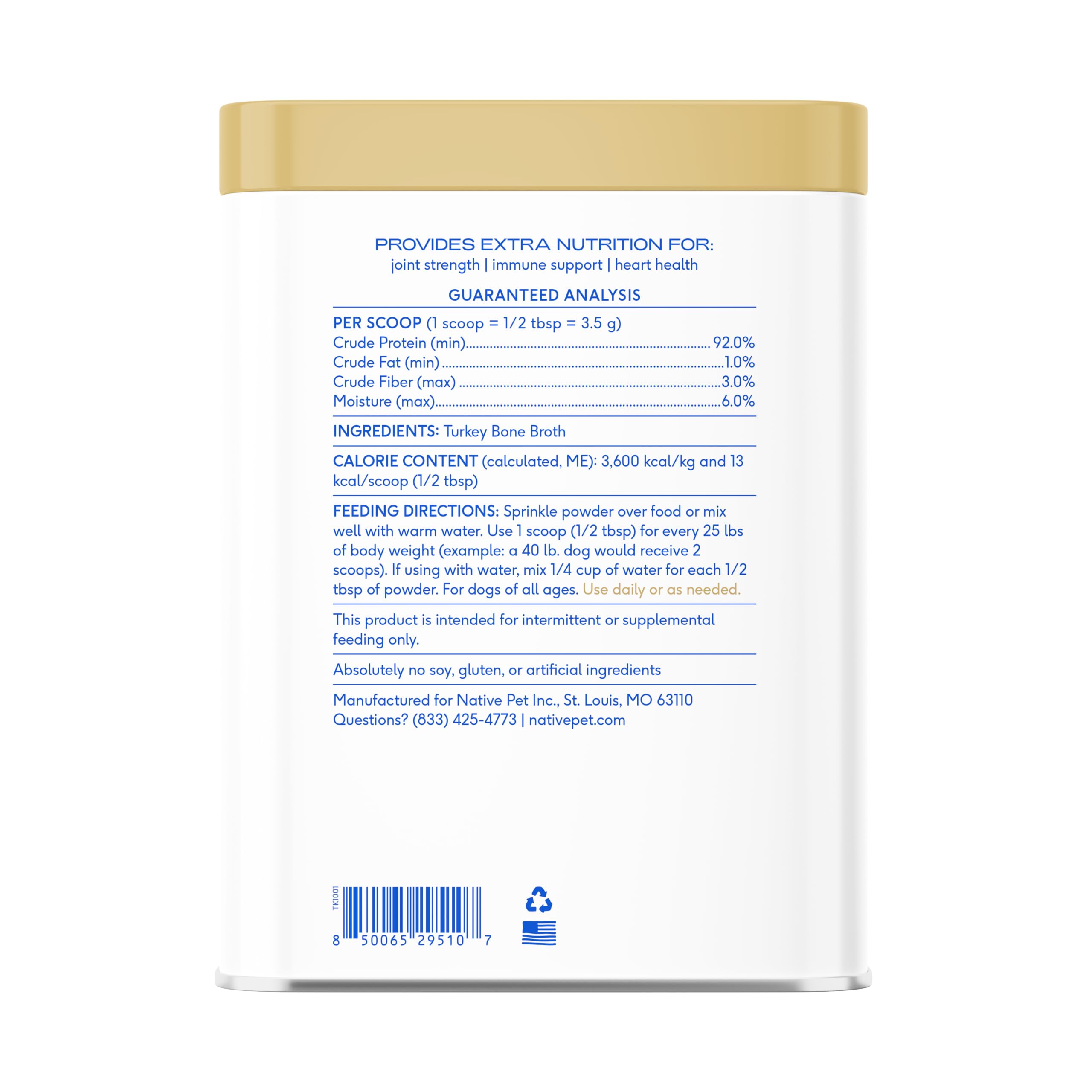 Native Pet bone broth powder nutrition emphasizes collagen for coat.