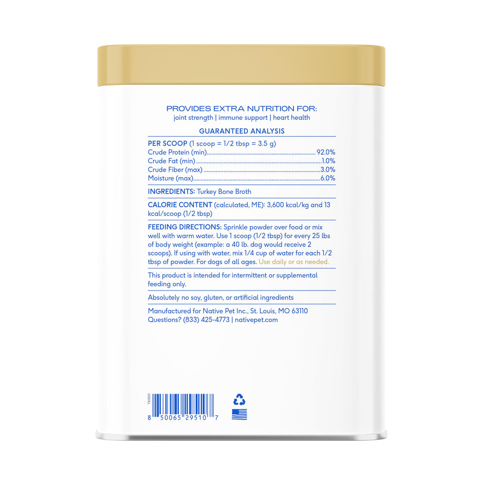 Native Pet bone broth powder nutrition emphasizes collagen for coat.