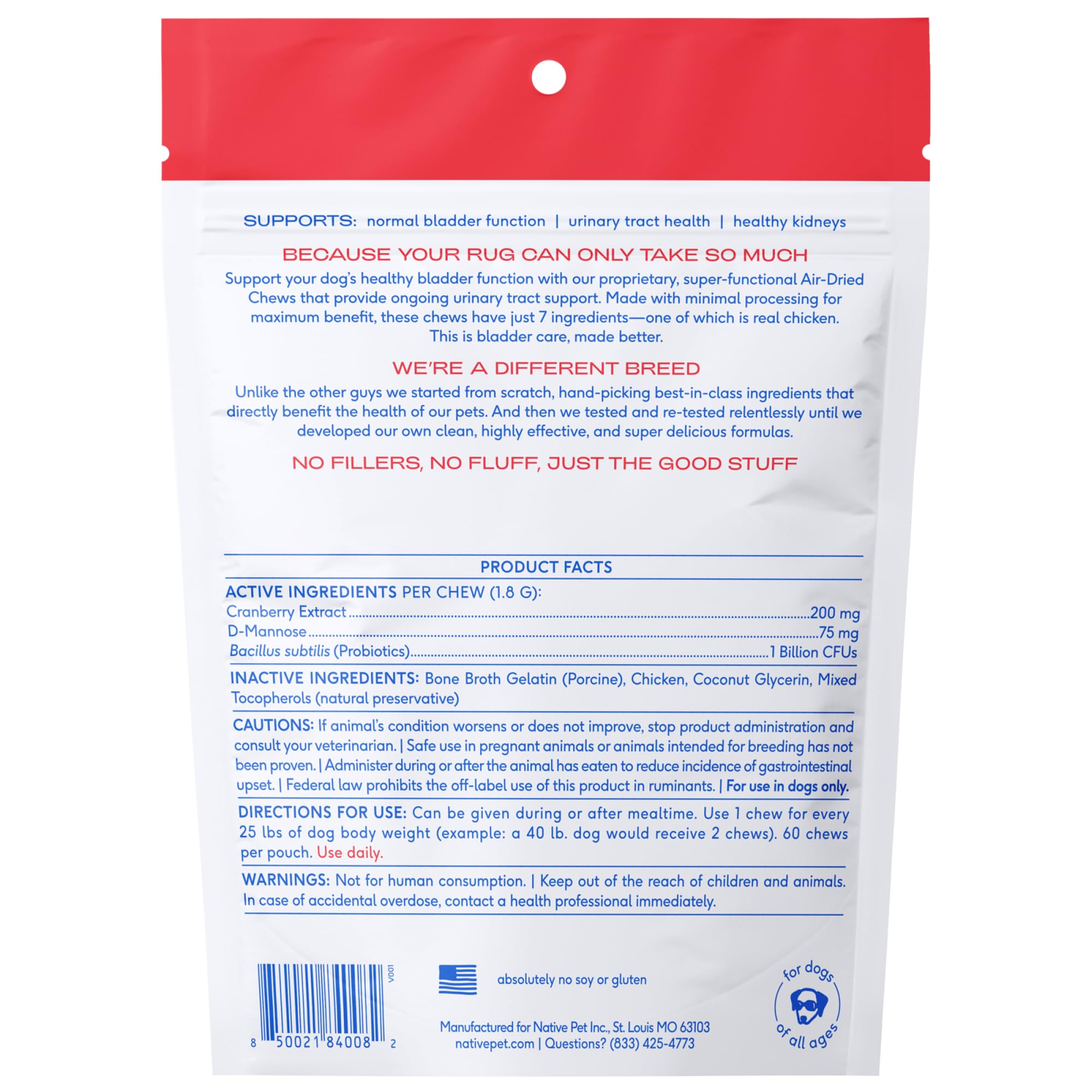 Native Pet USA-made UTI chews signaling trusted canine urinary support.