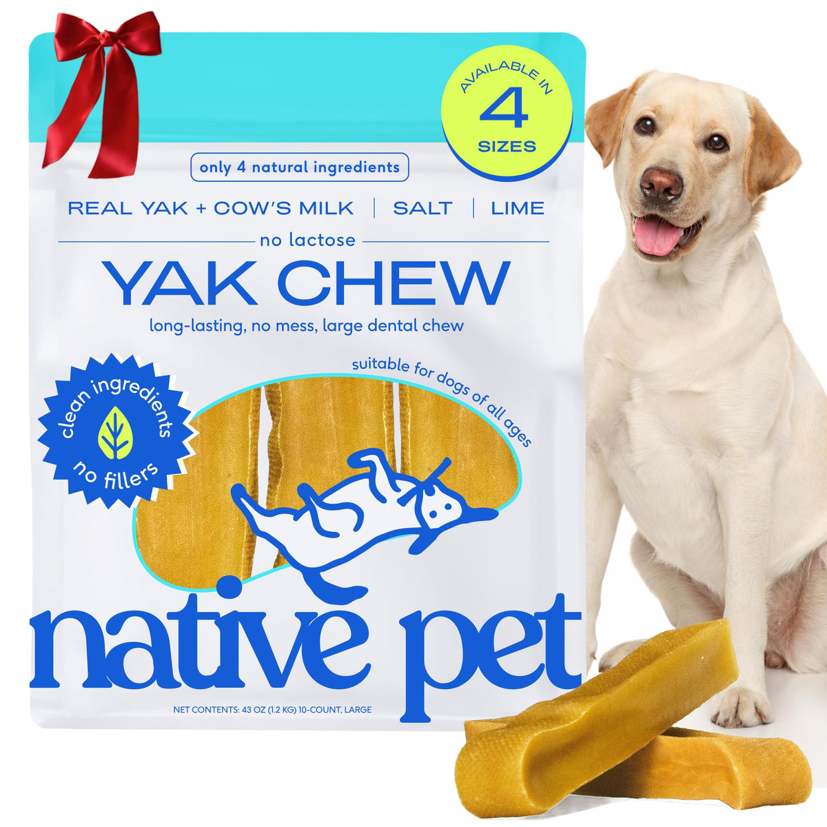 Native Pet Yak Chews pack shows long-lasting dental enrichment for large dogs