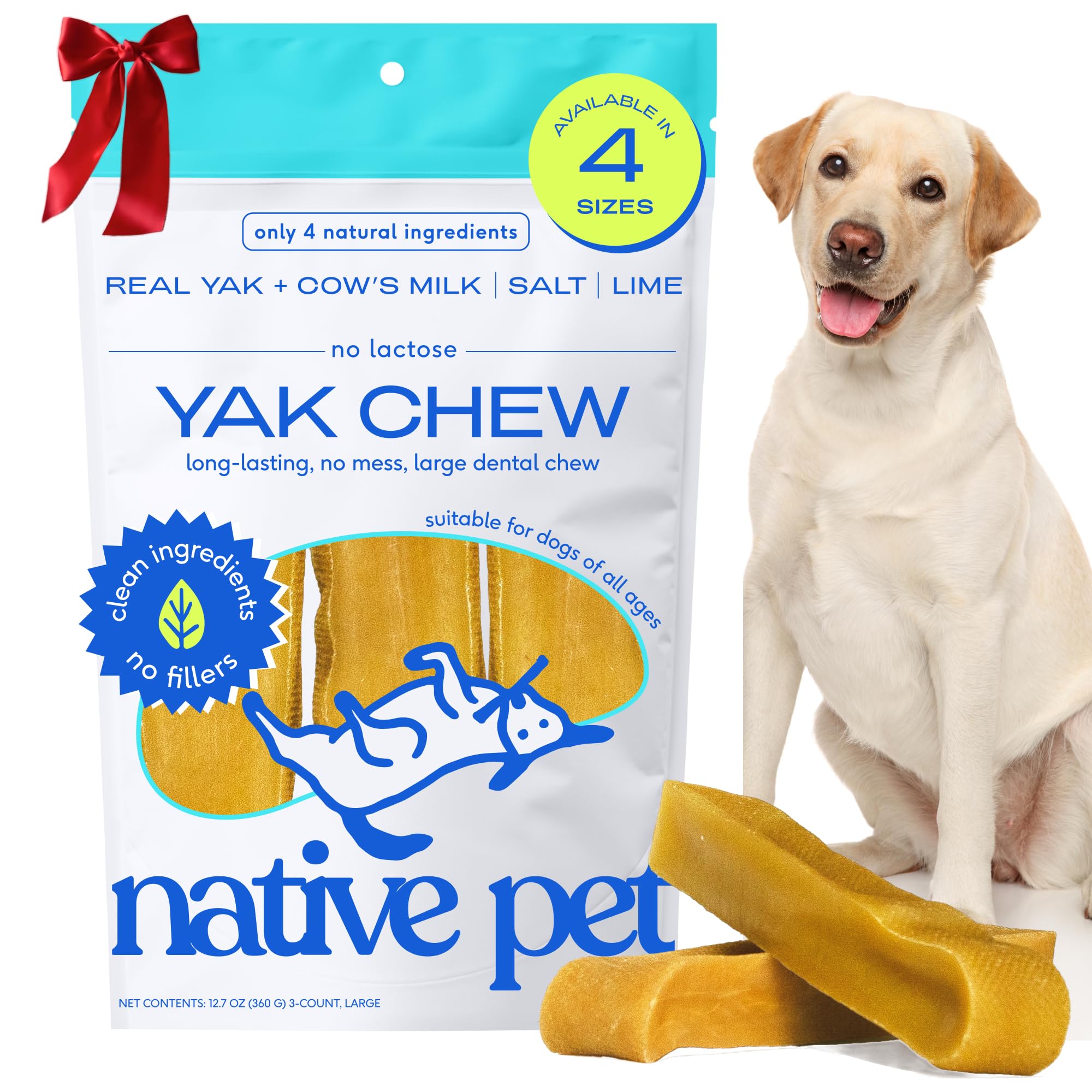 Native Pet Yak Chews pack front showing long-lasting dental sticks for large breeds